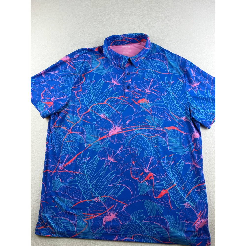 Birdiebound Mens XL Performance Golf Polo Shirt Tropical Hibiscus Blue Pink